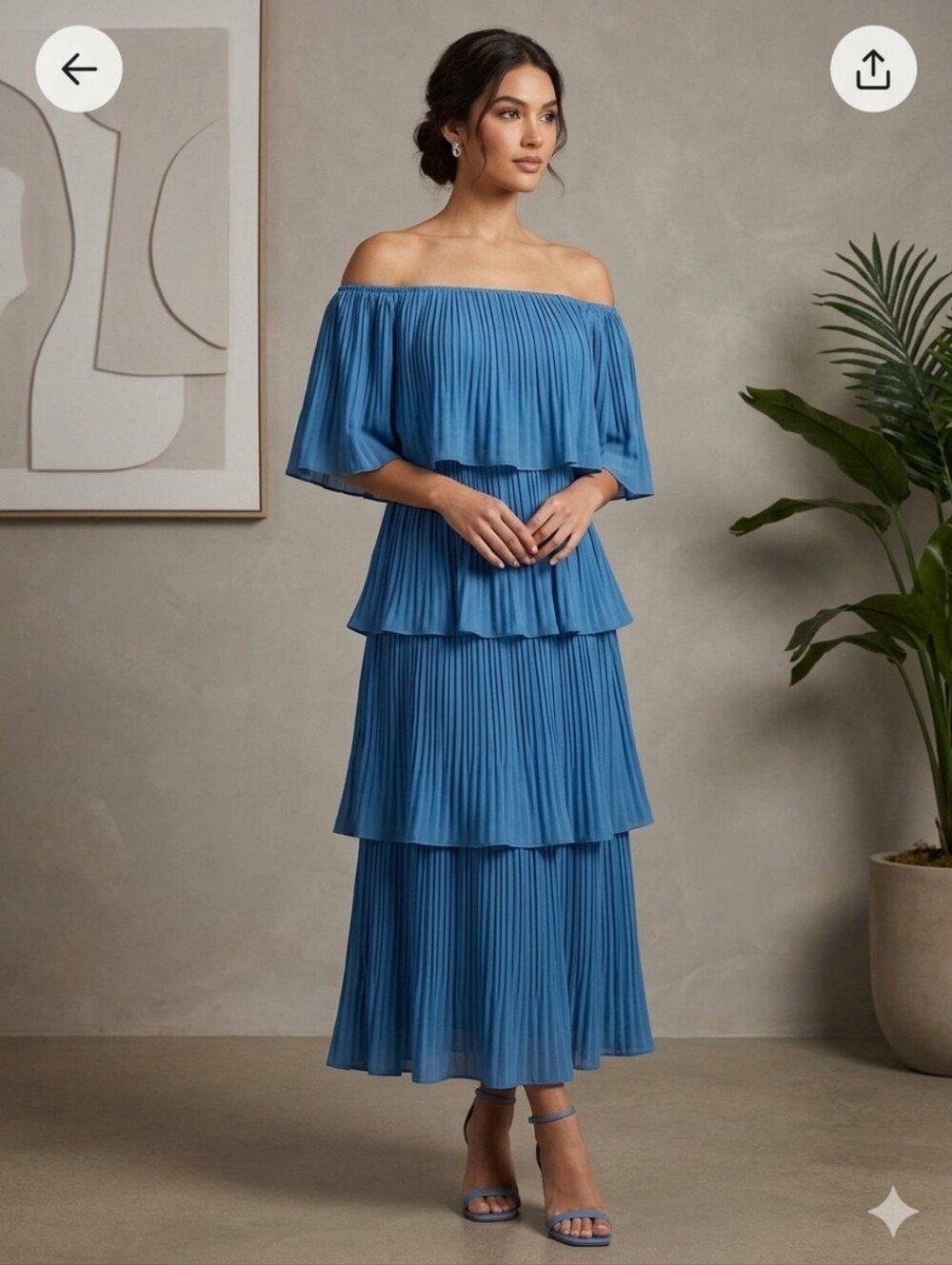 Off-Shoulder Blue Tiered Pleated Dress